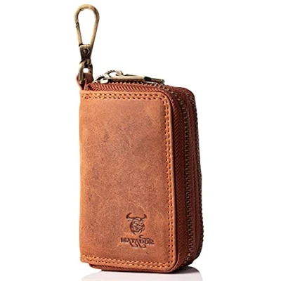 Abbildung von MATADOR Echt Leder Schlüsselanhänger Schlüsseltasche Auto Schlüssel Anhänger Antik Vintage Braun Karabienerhacken Tasche Doppelter Reißverschluss