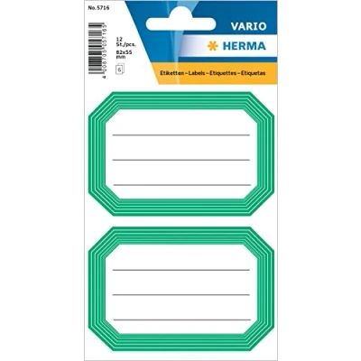 Abbildung von HERMA 5716 Buchetiketten zum Beschriften neutral grüner Rand, 12 Stück, 82 x 55 mm, selbstklebend, liniert, Buchaufkleber für Schule Kinder Mädchen Jungen, blanko Heftetiketten Aufkleber, weiß