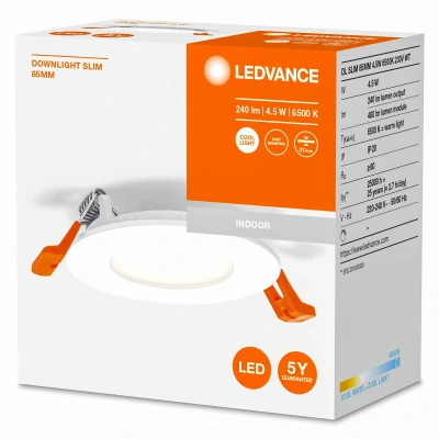 Abbildung von LEDVANCE LED Spot INTEGRATED SLIM Ø8,5cm, Einbaustrahler für sämtliche Innenbereiche, 4,5W, Farbtemperatur 3000K, 240 Lumen, 240V, flaches modernes Design, inkl. Klemmvorrichtung, weiß