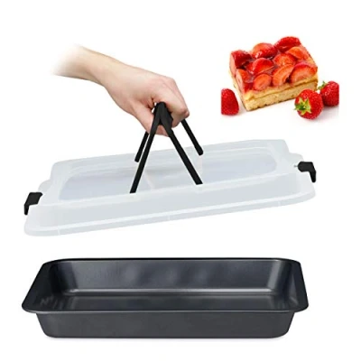 Abbildung von Relaxdays Backblech mit Deckel, 3in1 Kuchen Transportbox, BxT 40,5x32,5 cm, hoher Rand, Kuchenblech rechteckig, schwarz