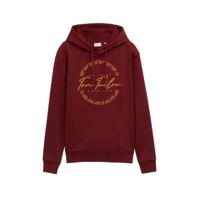Abbildung von TOM TAILOR Herren Hoodie Sweatshirt mit Logo Print, 13721 Burgundy Dark Red, XL