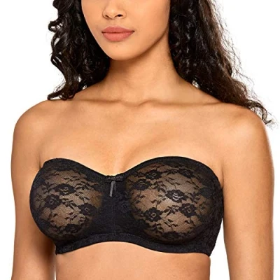 Abbildung von DOBREVA Damen Trägerloser BH mit Bügel Durchsichtig Spitze Dirndl Bandeau BHS Transparenten Trägern Schwarz 90D