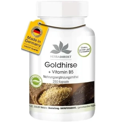 Abbildung von Goldhirse Kapseln mit Vitamin B5 vegan Haar Nagel Haut 250 HERBADIREKT by Warnke Vitalstoffe Deutsche Apothekenqualität
