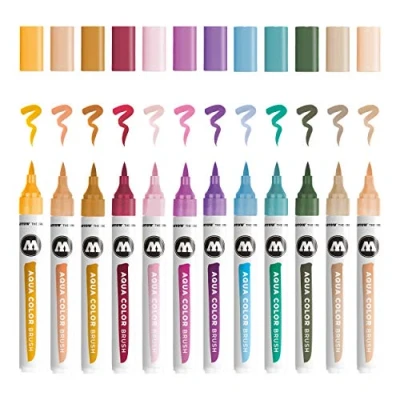 Abbildung von Molotow Aqua Color Brush (Brush Pen Marker Basic Set 2, Pinsel Spitze für Aquarellieren und Handlettering) 12 Stück sortiert