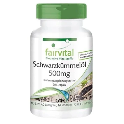 Abbildung von Fairvital SchwarzkümmelÖl Kapseln 500mg HOCHDOSIERT VEGAN 90 LiCaps® reich an wichtigen Fettsäuren