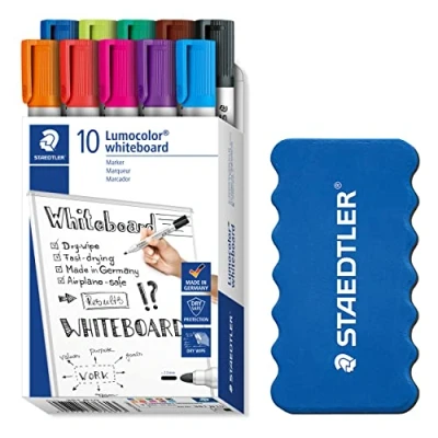 Abbildung von STAEDTLER whiteboard Marker Lumocolor, Linienbreite ca. 2,00 mm, schnelltrocknend, geruchsarm, lange Lebensdauer, blockierte Spitze, 10 inklusive Schwamm, 351 B10P1X