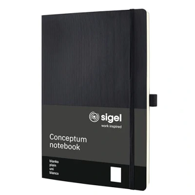 Abbildung von SIGEL CO338 Premium Notizbuch A4 blanko schwarz, Softcover, 194 nummerierte Seiten, nachhaltiges Papier, mit Inhaltsverzeichnis, Stiftschlaufe, Falttasche, Gummibandverschluss, Conceptum