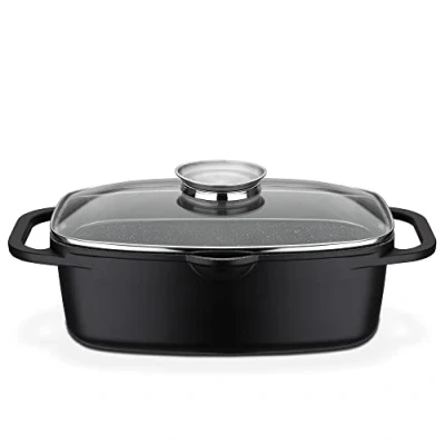 Abbildung von GSW Universalbräter Gourmet Granit hochwertiger Bräter mit Deckel, ideal zum Schmoren, Grillen und Braten, auch für Induktion Backofen Schwarz, Aluguss, 6 Liter