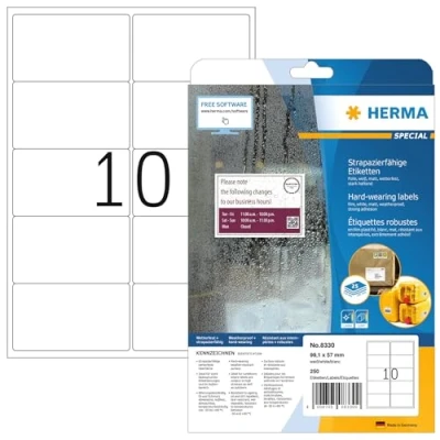 Abbildung von HERMA 8330 Wetterfeste Versandetiketten, 25 Blatt, 99,1 x 57 mm, 10 pro A4 Bogen, 250 Stück, selbstklebend, bedruckbar, matt, blanko Adressetiketten Aufkleber aus Folie, weiß
