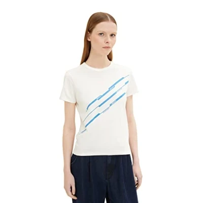 Abbildung von TOM TAILOR Denim Damen 1035364 T Shirt mit Print, 10348 Gardenia White, L