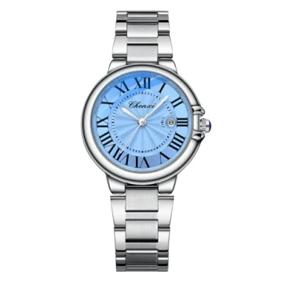 Abbildung von JewelryWe Uhren Damen Edelstahl Damenuhr: Klassische Datum Kalender 30m Wasserdicht Analog Quarz Armbanduhr Frauen Silber Armband Uhr mit Blau Römischen Ziffern Zifferblatt