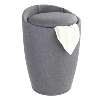 Abbildung von WENKO Badhocker Mod. Candy Leinen Optik Grau, Hocker mit Stauraum für das Badezimmer und Wohnzimmer, integrierter Wäschesammler, ABS Kunststoff, BPA frei, Fassungsvermögen 20 L, Ø 36 x 50,5 cm