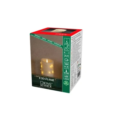 Abbildung von Konstsmide LED Echtwachskerze cremeweiß, 3D Flamme, Draht umwickelt, 4/8h Timer, 1 bernsteinfarbene Diode/14 Tropfen, batteriebetrieben, Innen, Batterie: 2 x C 1,5V (exkl.) 1844 180, 14 LEDs
