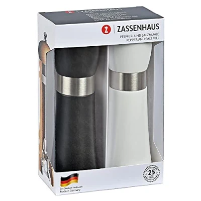 Abbildung von Zassenhaus Mühlenset HAMBURG Buchenholz Geschenkset Schwarz &amp; Weiß mit stufenlos verstellbarem Keramikmahlwerk befüllte Gewürzmühlen Ø 5,5, H: 18 cm