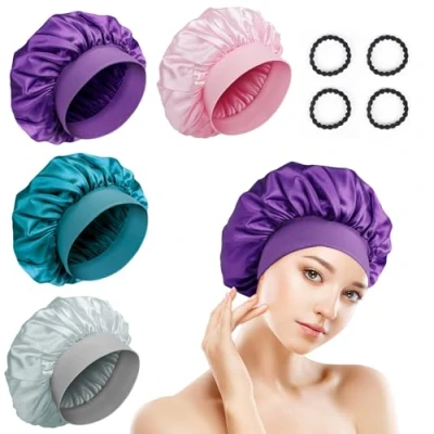 Abbildung von Romon Satin Haarhaube, 4 Stück Schlafhaube Seide Schlafmütze Bonnet Nacht Schlaf Mütze Verstellbare Schlafkappe Kopfbedeckung Weiche Kopfhaube mit Gummizug für Damen und Mädchen