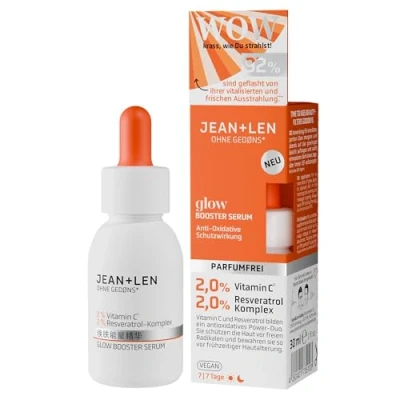 Abbildung von Jean &amp; Len Glow Booster Serum, ideal für jeden Hauttyp, schenkt matter Haut den Glow, Gesichtsserum mit Vitamin C Derivat Resveratrol Komplex, ein ebenmäßigeres Hautbild, parfümfrei, vegan 30 ml