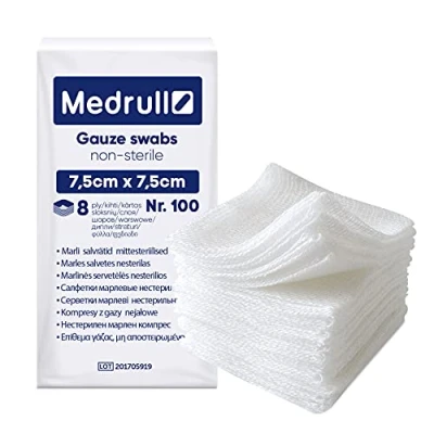 Abbildung von Medrull 8 lagige Kompressen 7.5 x 7.5cm Nicht Sterile Wundauflagen 100% Baumwolle, sehr weiches, saugfähige Mull Medizinische Qualität 100er Pack