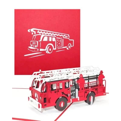 Abbildung von Pop Up Karte Feuerwehr 3D Geburtstagskarte &amp; Glückwunschkarte mit Löschzug als Geschenkidee, Gutschein, Einladung kleines Geschenk zu Geburtstag, Jubiläum und Einschulung