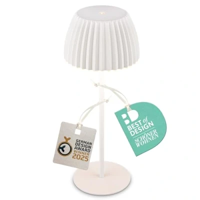 Abbildung von BRILONER Riffle LED Tischlampe kabellos IP44 mit Lichtkante, Touchdimmer, Akku tauschbar, Nachttischlampe, Leselampe, Lampe, German Design Award Winner 2025, 14,5x36,5 cm, Weiß