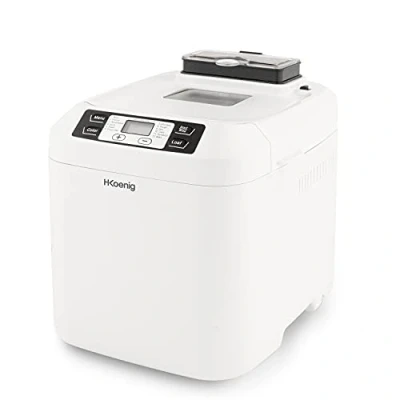 Abbildung von H.Koenig Brotbackmaschine mit Getreidespender BAKE340, 12 Programme, 2 Brotgrößen, Glutenfreies Programm, Brioche, verzögerte Start und Warmhaltefunktion, LCD Display, 550 Watt,Weiß