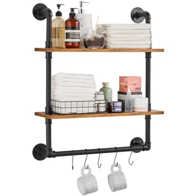 Abbildung von VEVOR Industrielles Rohrregal, 2 Ebenen, 61 x 20 cm, Wandmontage, schwebende rustikale Holzregale, Halterung, Lagerregal, Kleinteilehalter für Küche, Schlafzimmer, Badezimmer, Wohnzimmer, schwarz