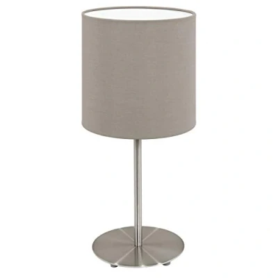 Abbildung von EGLO Tischlampe Pasteri, 1 flammige Textil Tischleuchte, Nachttischlampe aus Stahl und Stoff, Farbe: Nickel matt, taupe, Fassung: E14, inkl. Schalter, H: 27,5 cm