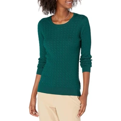 Abbildung von Amazon Essentials Damen Leichter Langarm Pullover Mit Rundhalsausschnitt Zopfmuster (Erhältlich In Übergröße), Dunkelgrün, S