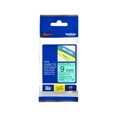 Abbildung von Brother Original P touch Schriftband TZe 721 9 mm, schwarz auf grün (kompatibel u.a. mit PT H100LB/R, H105, E100/VP, D200/BW/VP, D210/VP), TZE721