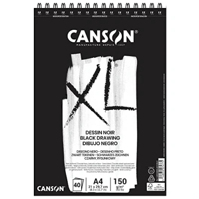 Abbildung von CANSON XL Schwarzes Zeichenpapier, zweiseitig: gekörnt und glatt, 150 g/m², an der kurzen Seite spiralgebundener Block, DIN A4 21 x 29,7 cm, Schwarz, 40 Blatt
