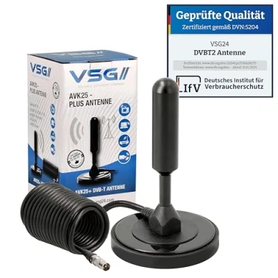 Abbildung von VSG24 DVBT2 Antenne HDTV Zimmerantenne für Fernseher, max. Signalqualität durch ALU Kern, 5m Kabel DVB T2 Fernseher freenet tv innen außen