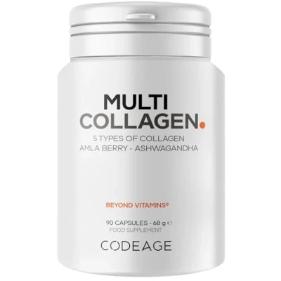 Abbildung von Codeage Multi Collagen Peptide Kapseln, Typen I, II, III, V &amp; X, Grasgefüttertes hydrolysiertes Rinderkollagen Nahrungsergänzungsmittel mit Ashwagandha Amla Berry, Kollagen für Haut, Haare, Nägel,