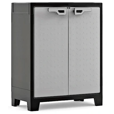 Abbildung von Keter Titan Kunststoffschrank, niedrig, grau, 80 x 44 100 cm, inkl. 2 Einlegeböden mit je 30kg Tragkraft (TÜV zertifiziert), für drinnen und draußen, wasserdicht, aus 70% recycelten Materialien