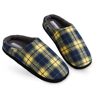 Abbildung von DUNLOP Hausschuhe Herren gefüttert, Rutschfeste Pantoffeln mit Memory Foam (Marineblau/Senfgelb, numeric_44)