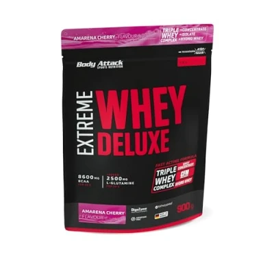 Abbildung von Body Attack Extreme Whey Deluxe Amarena Cherry Cream, 900g Made in Germany Eiweißpulver mit Aminosäuren, Triple Complex, CFM Isolate, perfekt lösliches Protein Pulver, fettarm, zuckerarm