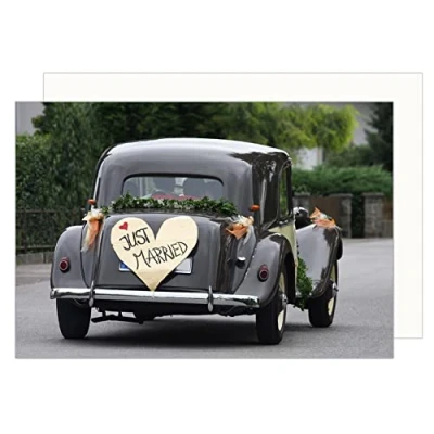 Abbildung von Edition Seidel Premium Glückwunschkarte zur Hochzeit mit Umschlag. Hochzeitskarte Grusskarte Vermählung Just Married Wedding Oldtimer (H474 SW023)