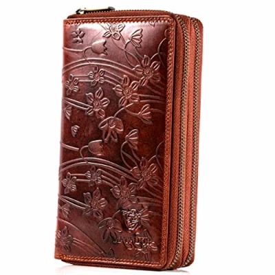 Abbildung von MATADOR MADRID Geldbeutel Damen Leder mit edler Geschenk Box Geldbörse RFID Schutz Portemonnaie Gross Luxus Brieftasche einzigartiger Blumen Prägung Braun