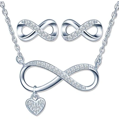 Abbildung von Yumilok Damen Ketten Halskette Ohrstecker mit Anhänger Infinity Unendlichkeit Symbol Herz in 925 Sterling Silber Schmuck Sets für Frauen Mädchen