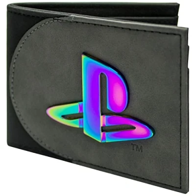 Abbildung von Original Hardware PS5 Dreieck Quadrat Ikone Schillerndes Metall Emblem Geldbörse/Geldbeutel Bi Fold ID &amp; Kartenhalter, Grau