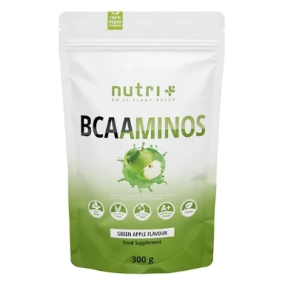 Abbildung von Nutri + BCAA Pulver Green Apple Aminosäuren Komplex hochdosiert vegan BCAAs Instant Powder Geschmack Grüner Apfel 300 g Aminosäurepräparat
