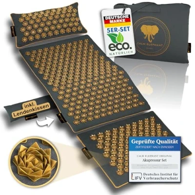 Abbildung von CALM ELEPHANT ORIGINAL Akupressurmatte XXL Set für Einsteiger + Lendenkissen: GENUINE 5 teilig (+Kissen, Fußmatte &amp; Tragetasche) Akupunktur Matte lindert Verspannungen, Rückenschmerzen, Stress, grau
