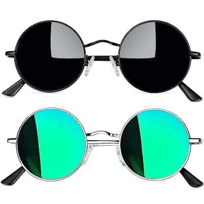 Abbildung von Joopin Herren Sonnenbrille Rund Hippie Set Vintage Schwarz und Polarisierte Damen Grün Verspiegelt UV400 Schutz 2 Pack (Silber Voll Schwarz)