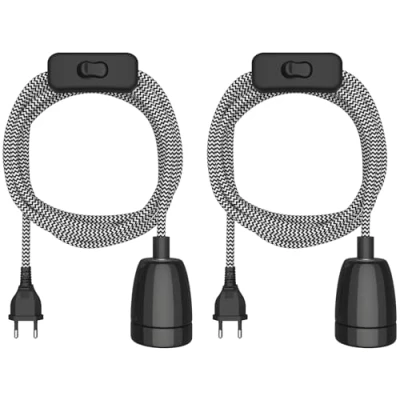 Abbildung von ledscom.de 2 Stück Textilkabel LEHA II, Stecker, Schalter, schwarz, weiß, gezackt, 3 m, Porzellan Fassung, 1x E27 max. 300W