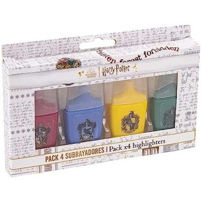 Abbildung von Harry Potter Marker Stifte Set 4 Teilig Mini Format in Rot, Blau, Gelb und Grün Mit dem Wappen des Hauses Hogwarts Schulutensilien aus ABS Kunststoff Original Produkt Spanien Designed