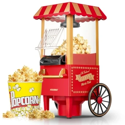 Abbildung von HOUSNAT Popcornmaschine, 3.5L Retro Heißluft 1200W, Fettfreies Ölfreies &amp; Gesunder Maïs Snack, Große Inhalt Popcorn Maker für Zuhause Filmabend Weihnachten Rot