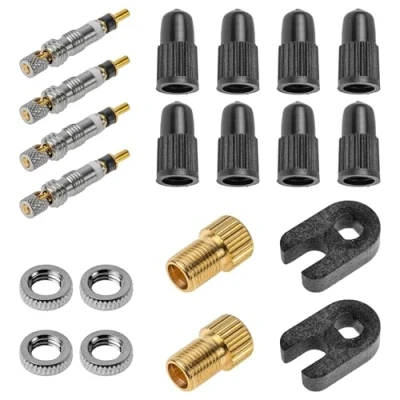 Abbildung von Fahrradventil Ersatz Set, mit 20 Teilen, für Sclaverand Ventil (SV), inkl. 4 x Presta Ventil, 8 Ventilkappen, 2 SV DV auf AV Adapter, Montagewerkzeug, Rennrad bis 15 bar