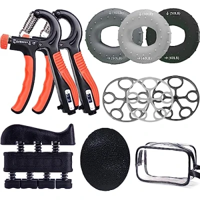 Abbildung von Handtrainer Set, 10er Pack, Fingertrainer, Grifftrainer im Paar mit Zähler, Fingerstrecker, Handgriffverstärker, Entspannungsball, Aufbewahrungstasche, Trainingsset für Fitness Kraft