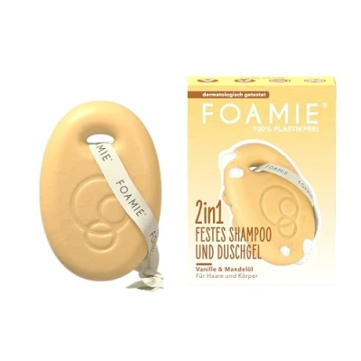 Abbildung von Foamie 2in1 Festes Shampoo &amp; Duschgel Vanille Mandelmilch Für Haar Körper Mit Mandelöl Vanilleduft pH hautneutral Vegan Plastikfrei 80g