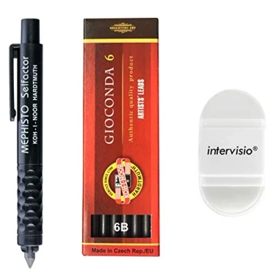 Abbildung von Koh I Noor 5301 Mechanischer Fallminenstift 5,6 mm Kunstoffminenhalter mit Graphitminen Set 4865 6B und intervisio Bleistiftspitzer Radiergummi für Schule, Büro, Schriftsteller, Künstler