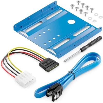 Abbildung von deleyCON Einbaurahmen für 2,5&quot; Festplatten SSD&#039;s auf 3,5&quot; Adapter Wechselrahmen Mounting Frame Halterung Schienen inkl. Schrauben Stromadapter SATA Kabel &amp; Schraubendreher Blau