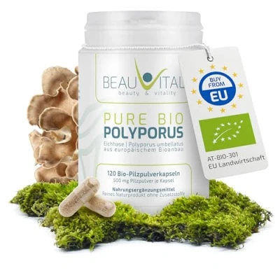 Abbildung von Pure Bio Polyporus Kapseln 120 je 500mg umbellatus Pulver (Eichhase) aus EU Landwirtschaft, vegan, ohne künstliche Zusatzstoffe